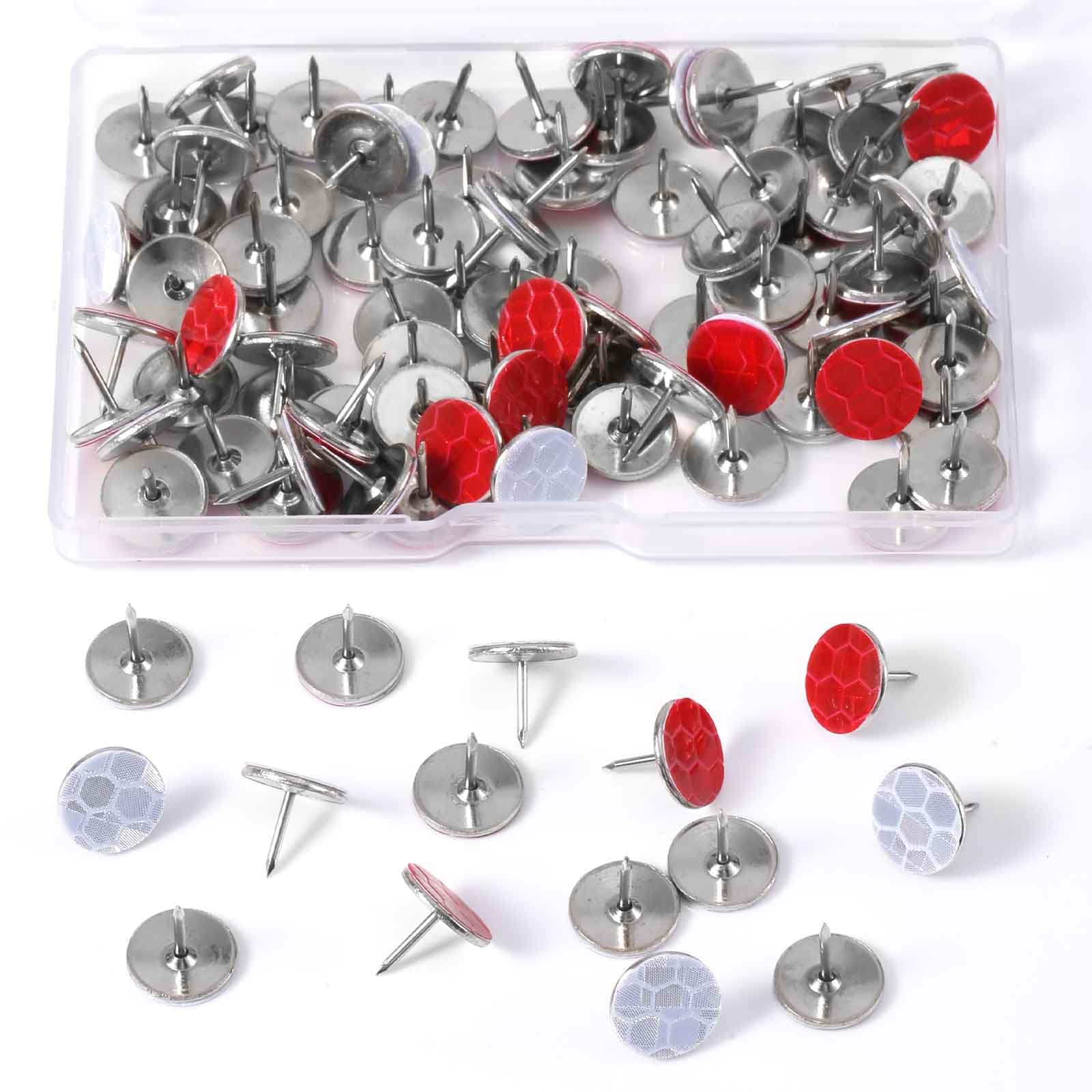 XIHIRCD 100pcs Reflective Tacks, Hunting Trail Markers Glow In The Dark Tacks Trail Marking Tacks Reflective Thumb Tacks for Hiking Camping Outdoor Tree Stand (White+Red)