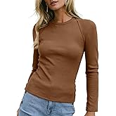 Sidefeel Long Sleeve Shirts for Women 2026 Spring Outfits Crewneck Ribbed Knit Slim Fitted Going Out Tops Casual Basic Tees