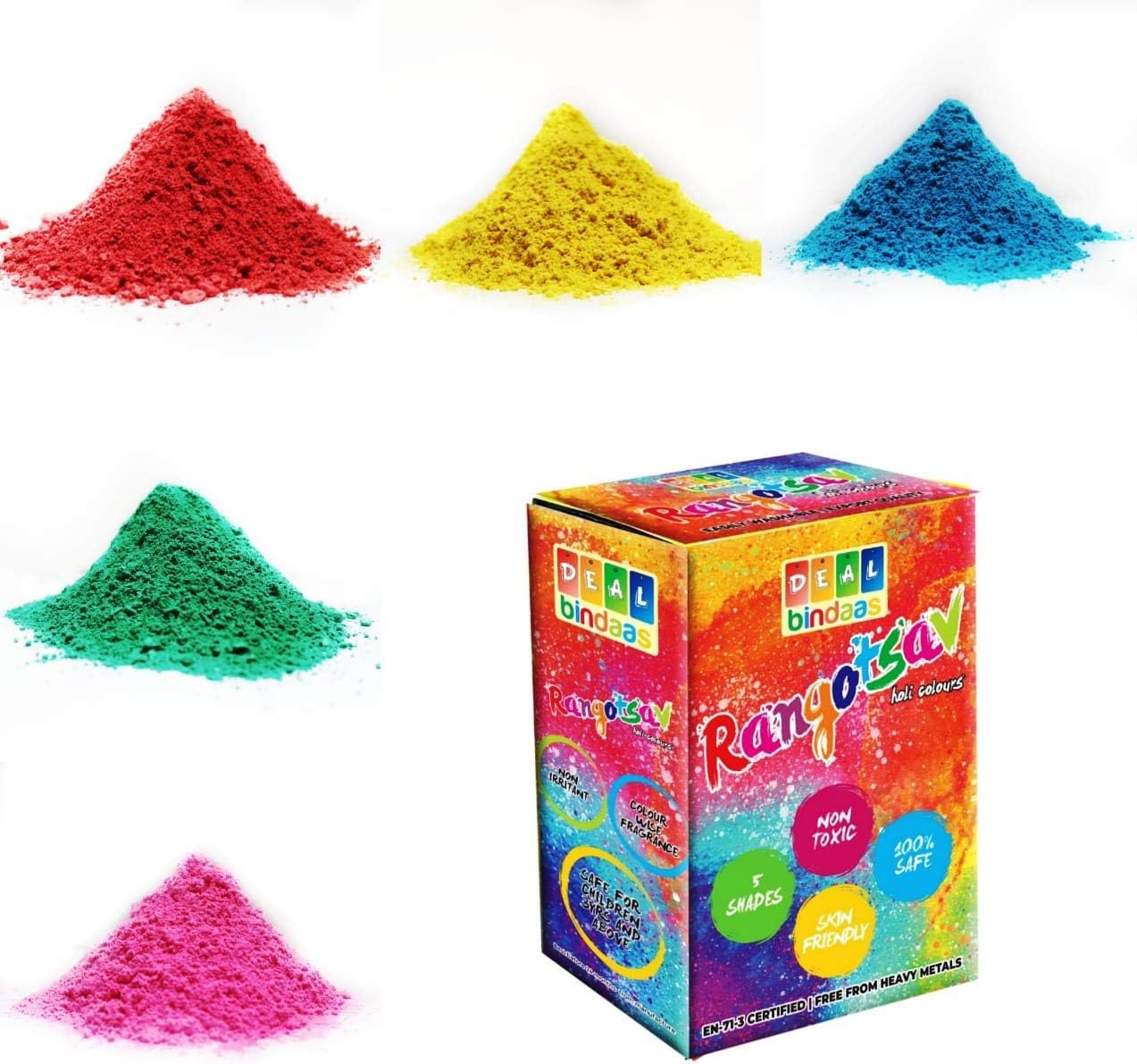 DealBindaas Rangotasav Holi Colour Herbal Gulal 250 GMS 5 Shades | NonToxic | Eco Friendly | 100% Safe Holi Color Powder Pack of 5 (Red,Yellow,Blue,Green,Pink,250 g)