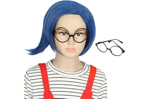VGbeaty Girls Blue Bob Wig with Black Glasses Sadness Cospaly costume Halloween Wig