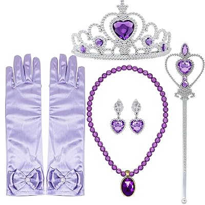 Princess Dress up Accessories 5 Pieces Gift Set for Sofia Rapunzel Crown Scepter Necklace Earrings Gloves