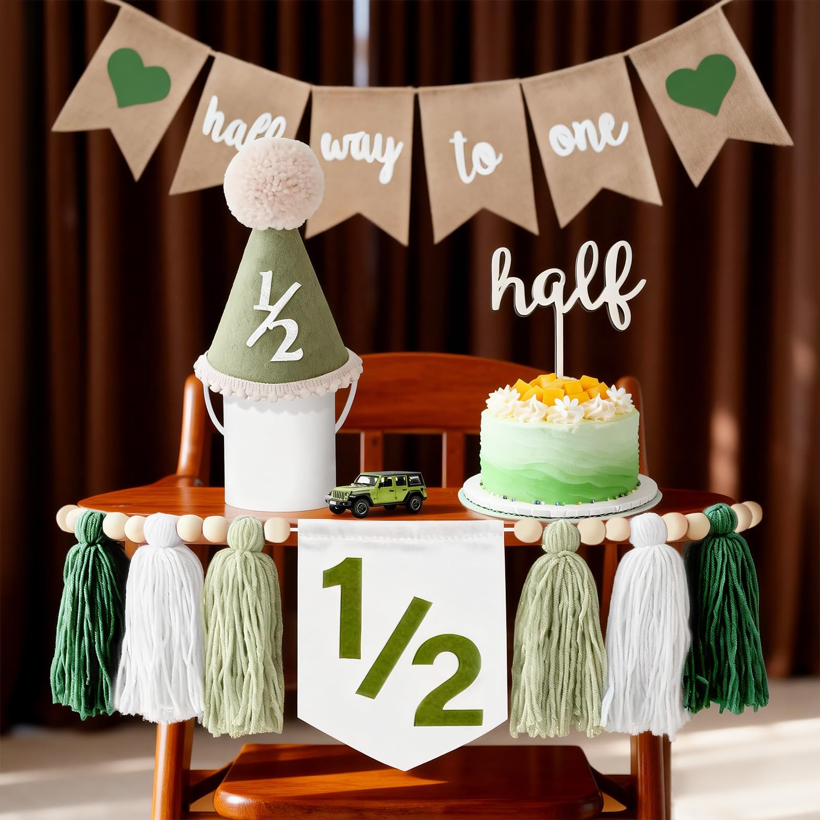 Photo 1 of 1/2 Birthday Boy Decorations, Half Way to One Photoshoot Prop Decor Set with Pre-Assembled Wood Bead Tassel Banner, Hat & Cake Topper, Fits Most High Chairs, 6 Month Birthday Baby Boy (Green)