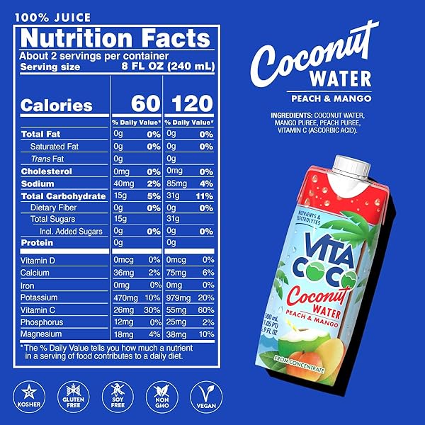 VITA COCO COCONUT WATER, PEACH & MANGO – NATURALLY HYDRATING ELECTROLYTE DRINK – SMART ALTERNATIVE TO COFFEE, SODA, AND SPORTS DRINKS – GLUTEN FREE – 16.9 FL OZ (PACK OF 12)