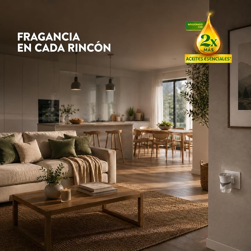 Ambientador Eléctrico - Aparato difusor inteligente con tecnología Anti-Fading + 3 Recambios con aroma a Lavanda, infusionado con 2 veces más aceites esenciales