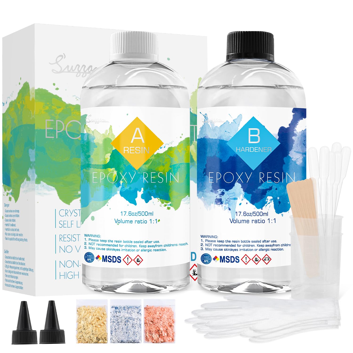 Epoxy Resin Kit 35.2oz/1000ml (1:1 Ratio) - Crystal Clear Art Resin for Jewelry Making, Crafts, Coating | Non-Toxic Resin Coating Includes Gold Foil, Mixing Tools & Gloves