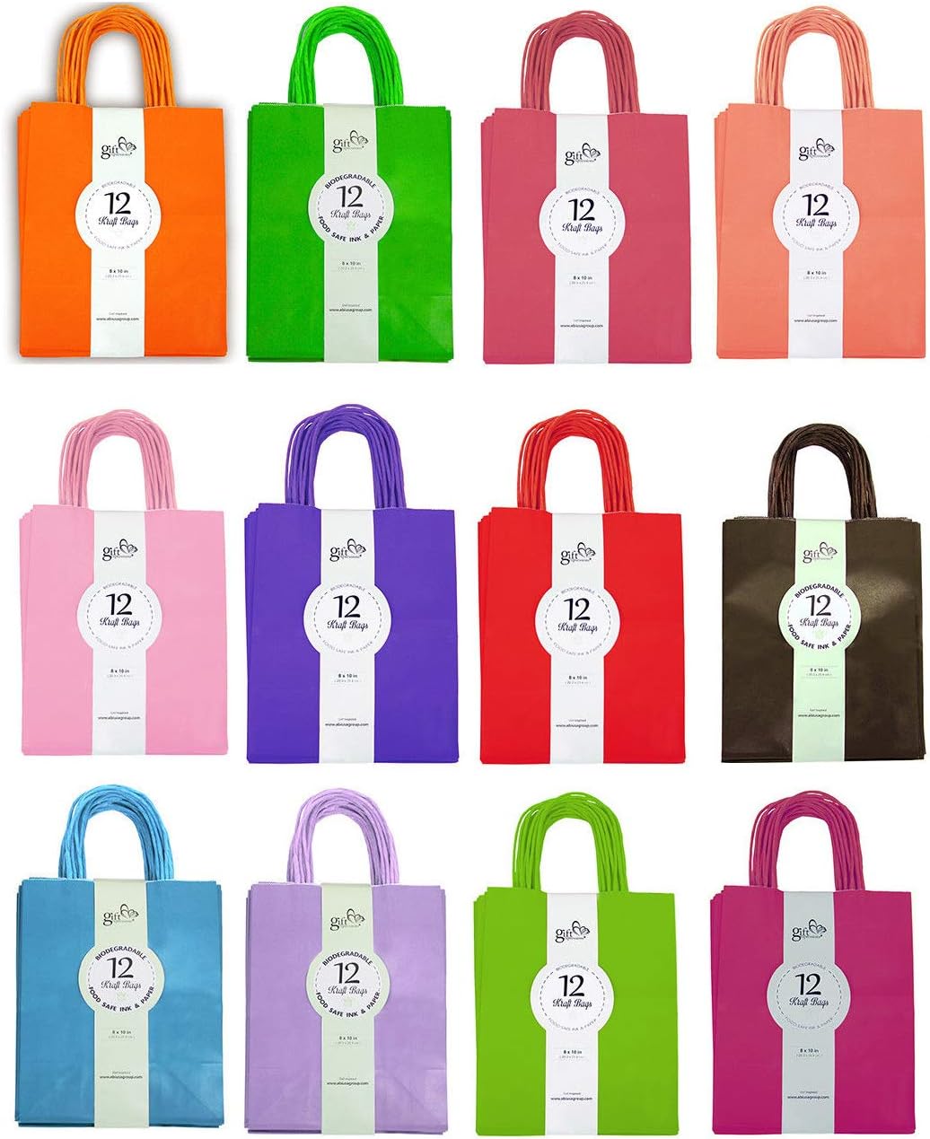 24CT MEDIUM NEON BIODEGRADABLE, FOOD SAFE INK & PAPER, PREMIUM QUALITY PAPER (STURDY & THICKER), KRAFT BAG WITH COLORED STURDY HANDLElor Kraft bags (Medium, Neon)