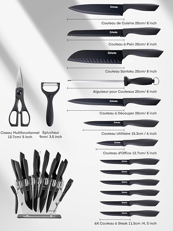 Couteau de Cuisines 16 Pièces, Acier, Revêtement Antiadhésif, Noir