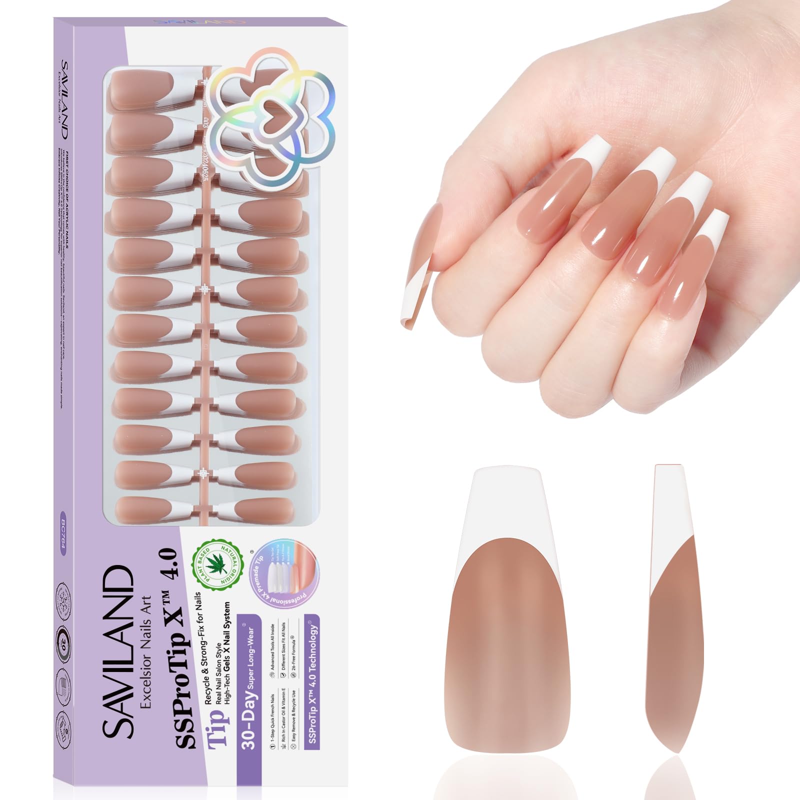 SAVILAND French Tip False Nails, 160 Pcs Pre-Shaped Long Coffin Brown Press on Nails 4X Soft Gel French Fake Nail Tips Full Cover Stick on Nails for Women DIY Nail Extensions Art