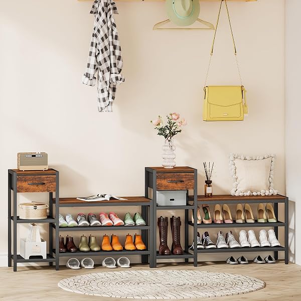 SNUGHOME 39.4″ SHOE STORAGE BENCH WITH DRAWER, 3 TIER ENTRYWAY BENCH WITH SHOE STORAGE, ADJUSTABLE SHELF SHOE RACK WITH SEATING FOR ENTRYWAY, FRONT DOOR, LIVING ROOM