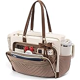 LOVEVOOK Laptop Tote Bag for Women, Work Bag Teacher Tote with Large Cup Holder, Quilted Nurse Diaper Bag for Travel, College Computer Women's handbags for Teacher gift, Khaki-beige-coffee, 15.6 Inch