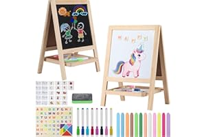 KILEUBUTO Tabletop Painting Wooden Art Easel for Kids - 4-in-1 Double-Sided Drawing Board for Toddlers 2-4, Chalkboard & Dry Whiteboard with Markers, Eraser, Magnetic Letters/Numbers & Flashcards