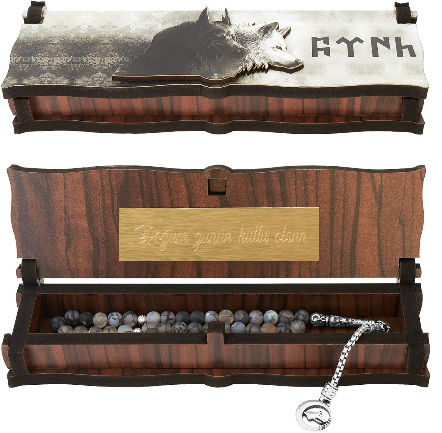 Gök-Türk Coffret Boîte pour Tesbih Chaîne de prière 'Ertugrul, Loup Bozkurt' du bois artisanal, StyleName:avec gravure