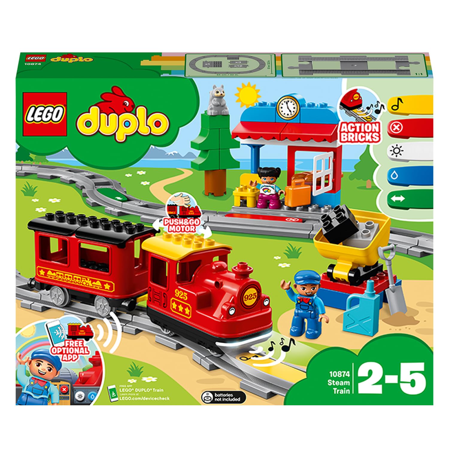 LEGO DUPLO Dampfeisenbahn, Eisenbahn-Spielzeug aus LEGO Steinen mit Tierfigur, Zug-Spielzeug für Jungen und Mädchen, mit Licht & Geräuschen sowie Push-&-Go-Motor, Geschenk für Kinder ab 2 Jahren 10874