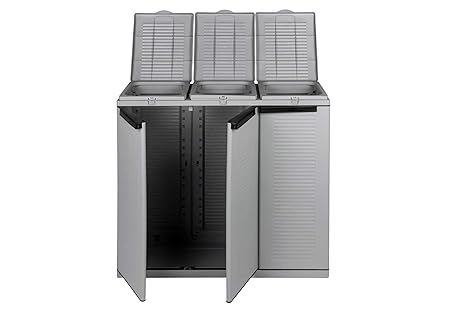 Kreher XXL Gartenschrank, Müllbox mit 3 Türen und Halterung für Müllsäcke. Aus Kunststoff in Grau. Mit Deckel und Türen. Prak