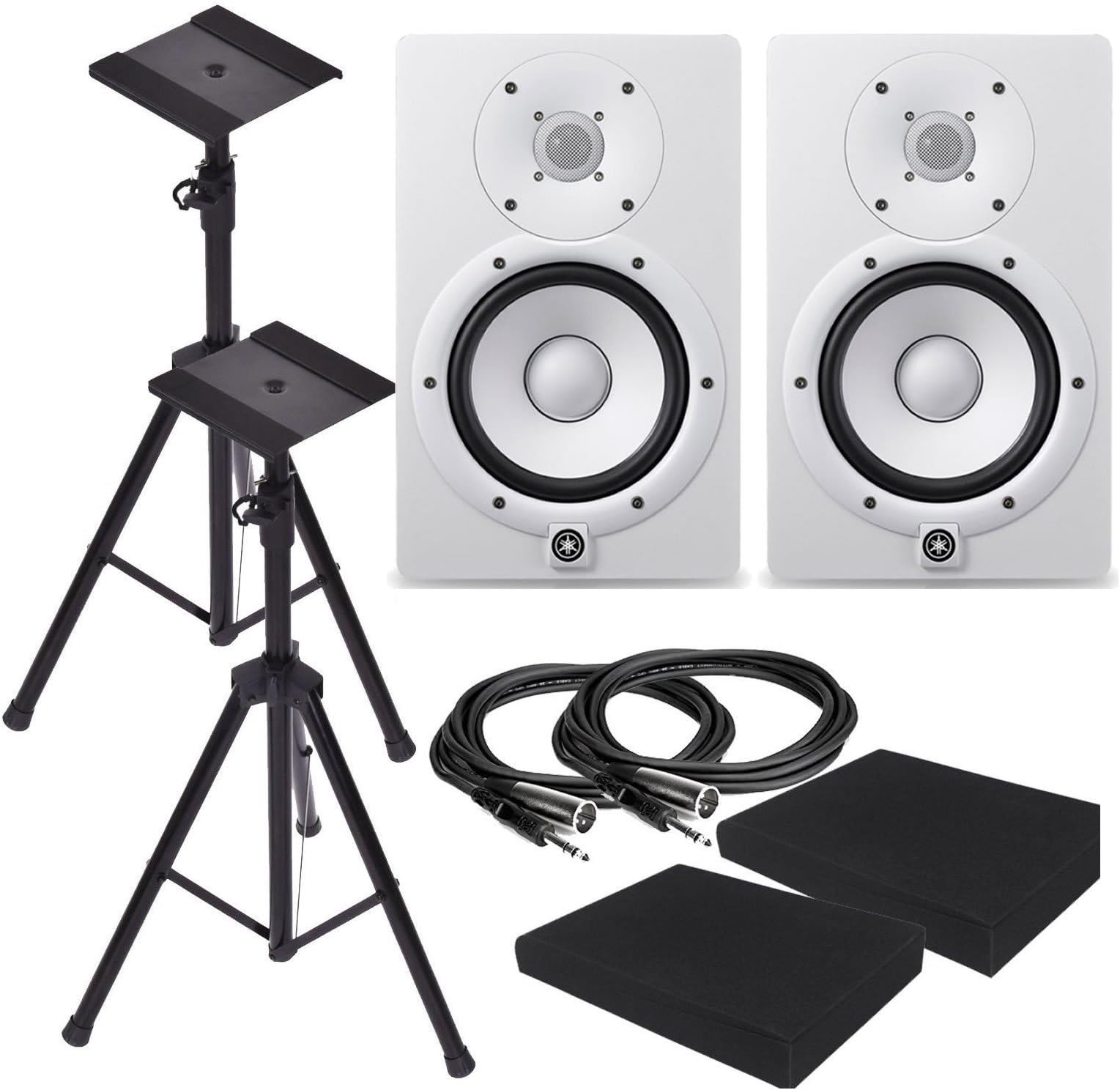 Yamaha HS7W 7-Inch Powered Studio Monitor Speaker White (Pair) with Pair of Height Adjustable Speaker Stands Tripod, High Density Studio Monitor Isolation Pads (Pair) and 2 x 10-Foot TRS to XLR Cable