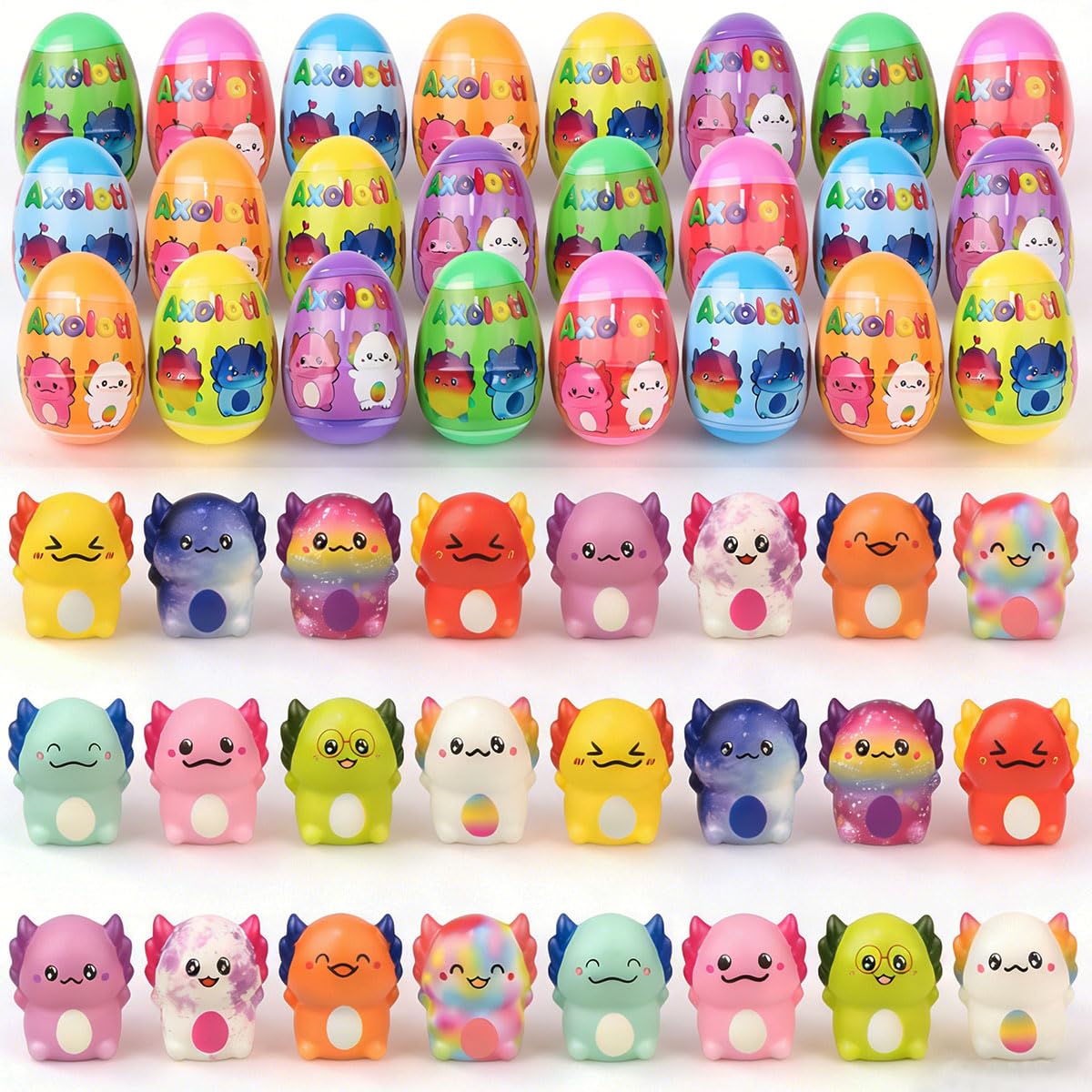 Muyiz 24 Pack Prefilled Easter Eggs with Axolotl Slow Rising Squishy Toys Inside Toys for Kids Girls Boys Easter Basket Stuffers Gifts Party Favors