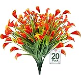TURNMEON 20 Bundles Calla Lily (400 Heads) Artificial Flowers for Outdoors UV Resistant, Fake Faux Plastic Fake Flowers Plants for Indoor Yards Planter Home Porch Fall Summer Spring Decor(Orange Red)