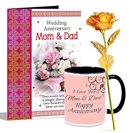 Buy Alwaysgift Anniversary Mom And Dad Greeting Card Ceramic Mug And Golden Rose Hamper Multicolour Online At Low Prices In India Amazon In