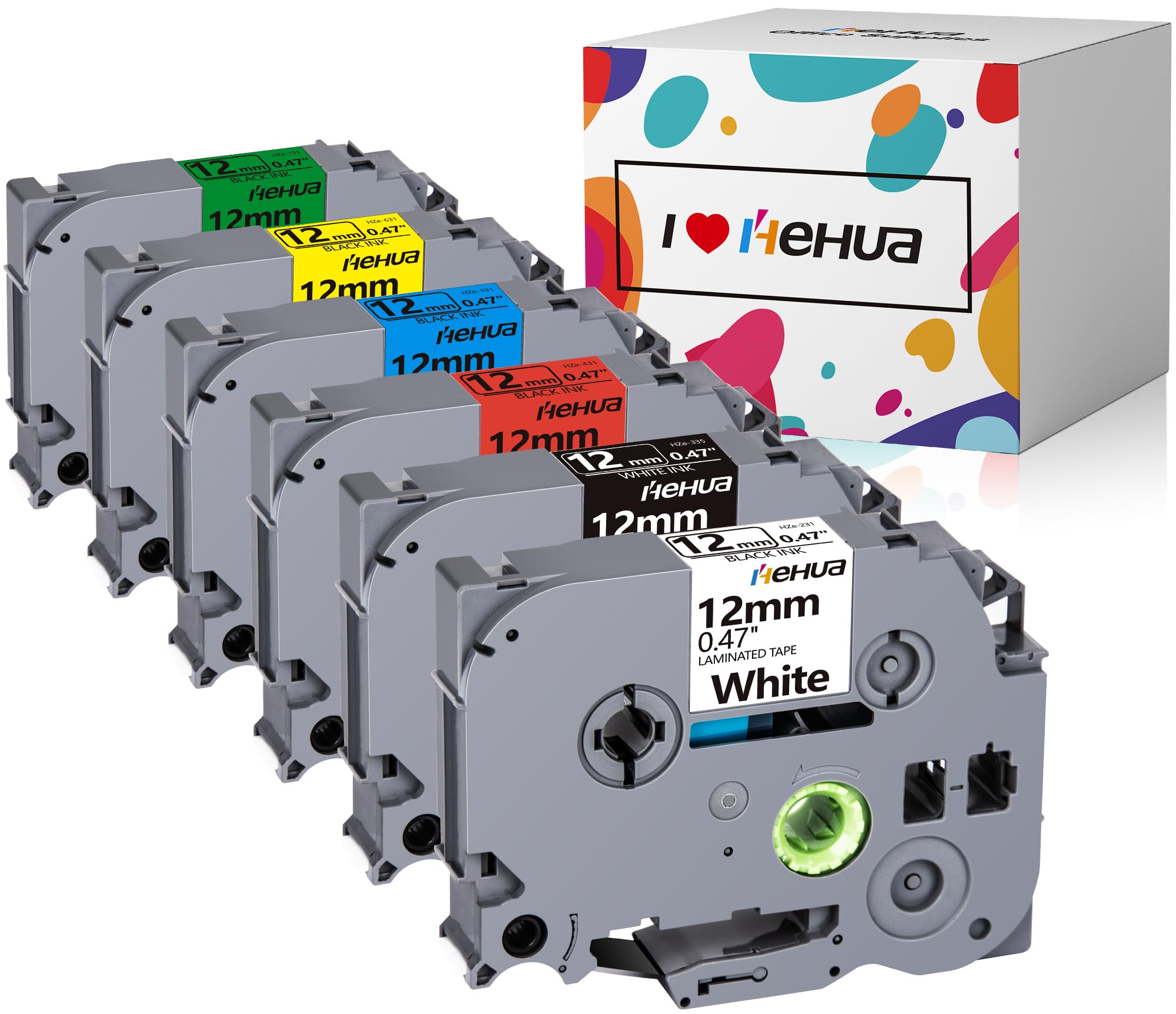 Hehua 6 Pack 12mm Label Tape TZe-231 TZe-431 TZe-531 TZe-631 TZe-731 TZe-335, Replacement with Brother 12mm 0.47 Laminated Tape for P Touch E110 PT-D210 PT-D600 PT-H110 PT-H1090 PT1010