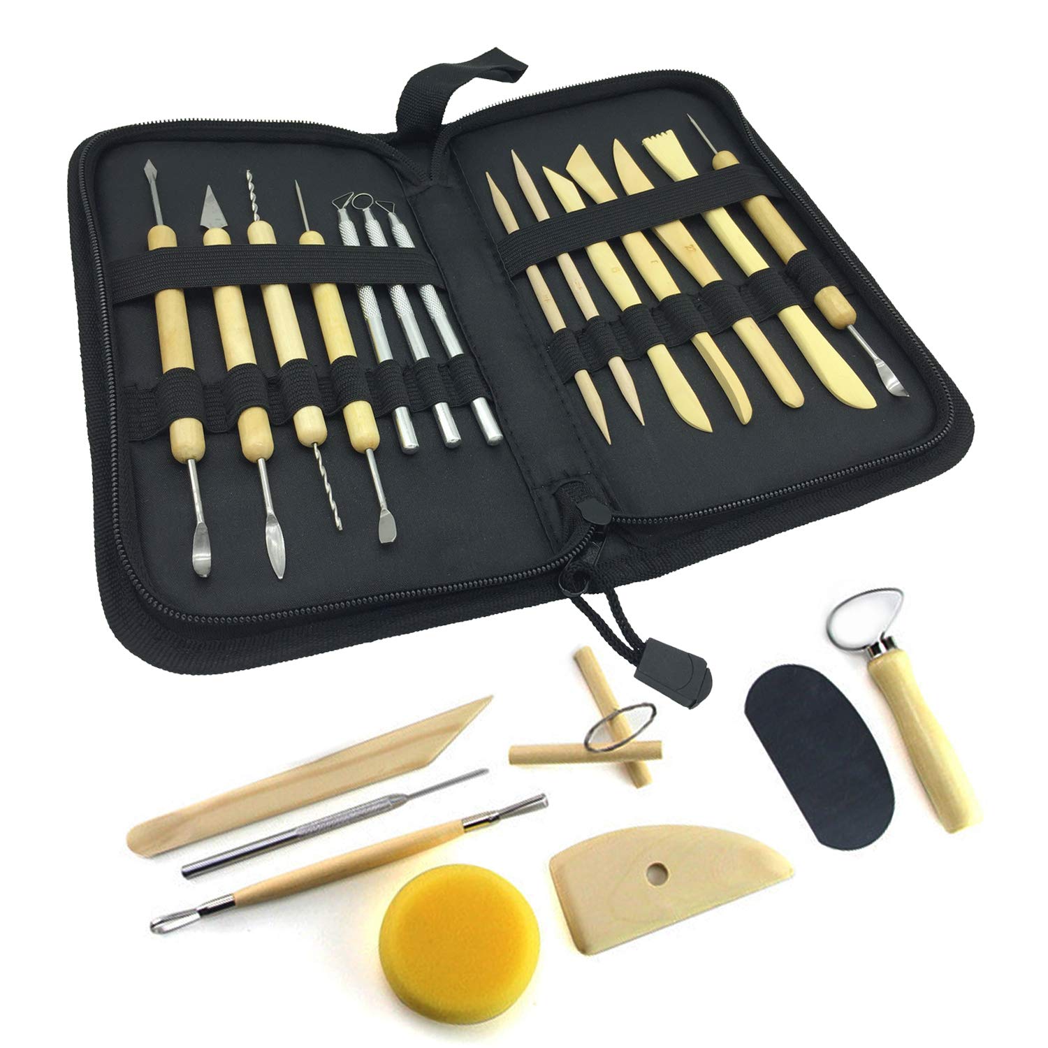 DOITEM Wood Pottery Tool Set, 22 Piece All-in-one Wood Clay Modeling Tools Boxwood Sculpture Ceramic Tools Kit with Convient Carry Storage Case