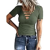 HERILIOS Women Casual Short Sleeve Tunic Tops V-Neck T Shirts Criss Cross Ribbed Slim Fitted Blouse