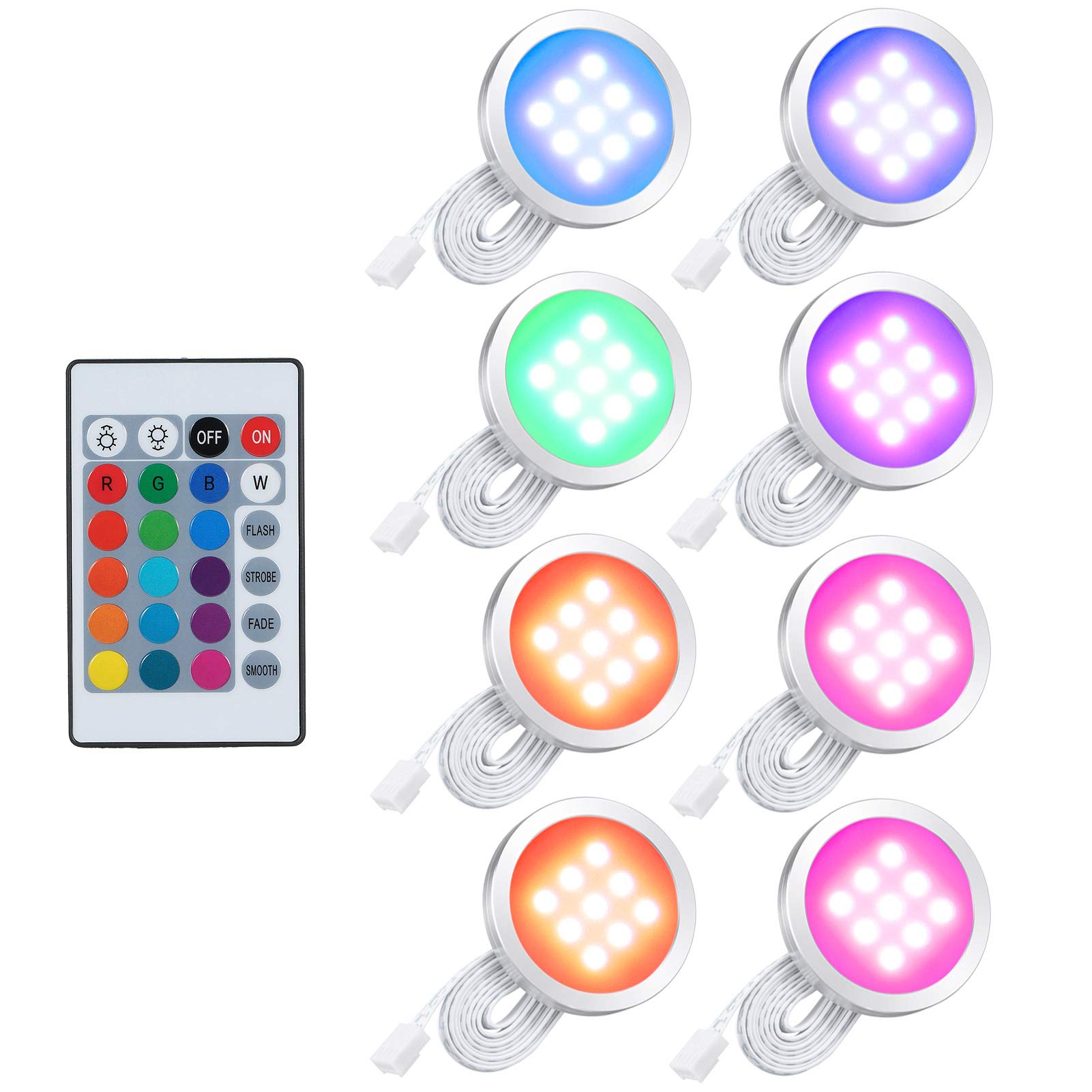 Lixada 8pcs RGB LED Cabinet Light Installation Kit with Remote Control for Bookcase Wall Cabinet Thin Round Shape Under-Unit Light Colour-Changing Dimmable Brightness Adjustable