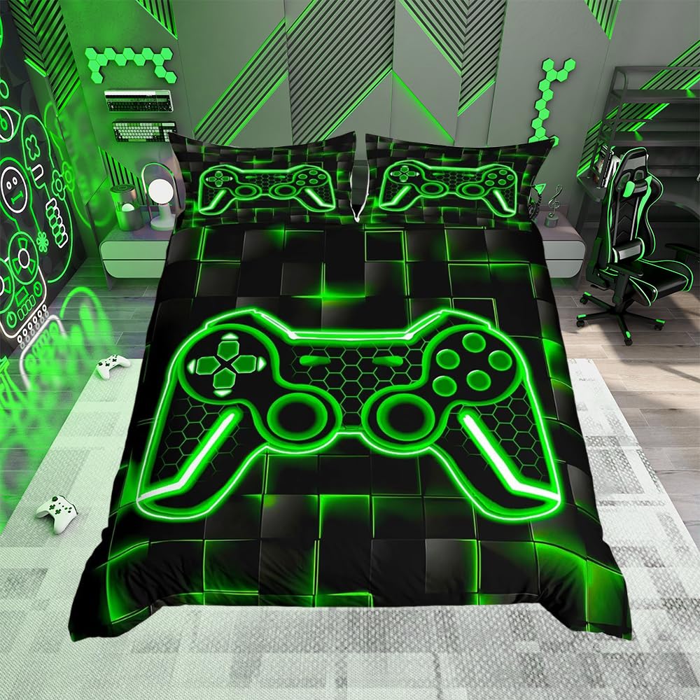 Kids Gamer Bedding Set Single Size Green and Black Bedding Duvet Cover Set For Boys Teens Decor Gaming Ombre Comforter Cover Set Geometric Square Bedspread Cover 2Pcs — image 1