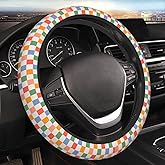 Retro 60s 70s Checkered Vintage Steering Wheel Cover For Women Men Girls Car Accessories Decor Anti-Slip Neoprene Auto Steering Wheel Covers Protector Universal 15 Inch