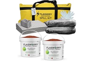 EARTHSAFE FlashDry Portable Complete Spill Kit - Yellow Duffle, Bag Tag, 15 Absorbent Pads, 2 3" x4' Sorbent Socks, Disposal Bags, Nitrile Gloves, 2 5L Buckets of 100% Organic Coir w/Dispenser Lid
