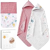 Fmebaby Muslin Bath Towel for Toddler 4 Pcs, 36x36 Inch 100% Muslin Cotton Baby Hooded Bath Towel and Washcloths for Babies, Infant and Kids, Soft and Absorbent Newborn Essential(Pink and Elephant)