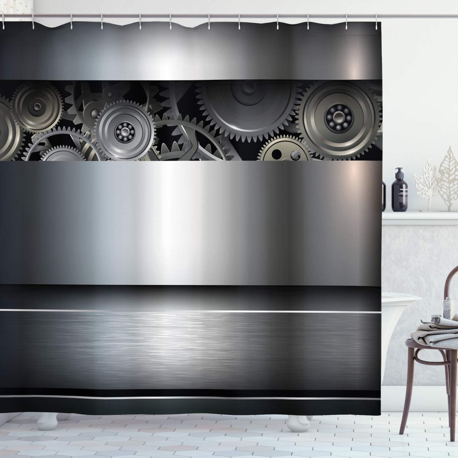 ABAKUHAUS Industrial Shower Curtain, Technological Gears Robotic Future Imagination Clockwork Science Modern Artwork, Cloth Fabric Bathroom Decor Set with Hooks, 78 Inches, Grey
