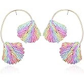 RUOFFETA Raffia Shell Earrings for Women, Colorful Dangle Tropical Boho Beach Earrings, Lightweight Straw Handmade Jewelry for Vacation