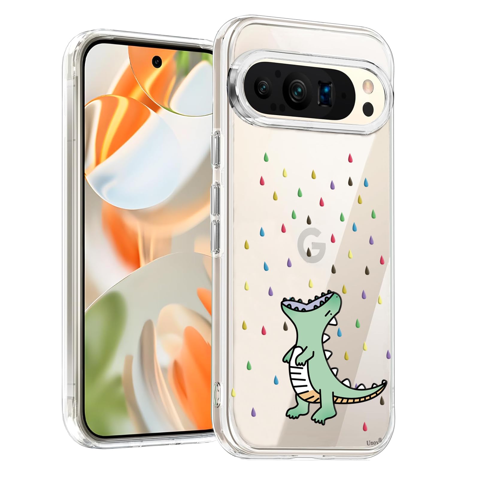 Unov Case Compatible with Pixel 9 Pixel 9 Pro 5G Case Clear with Design Soft TPU Shock Absorption Slim Embossed Pattern Protective Back Cover(Rainbow Dinosaur)