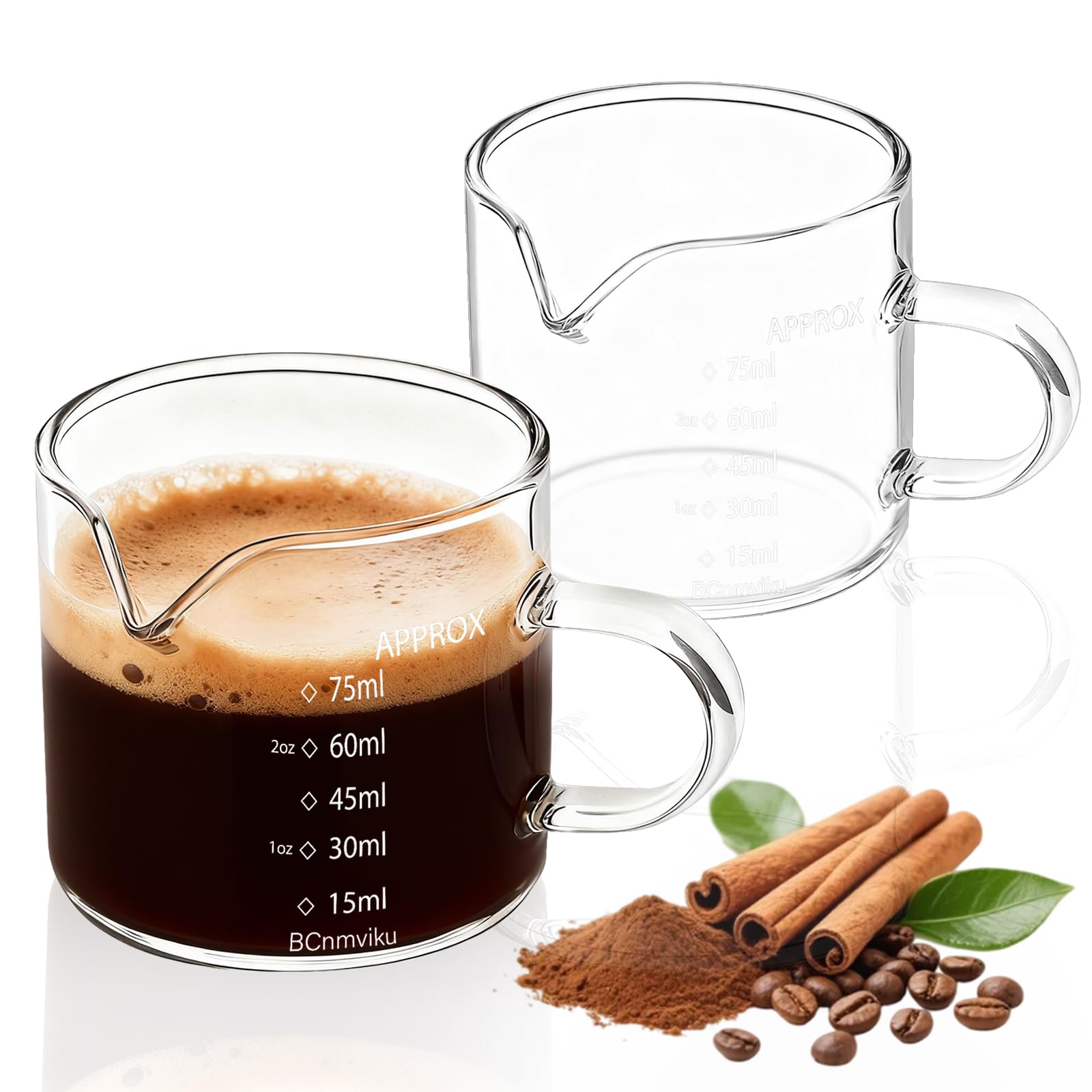 BCnmviku 75ml Espresso Shot Glass,V-Shaped Pouring Spout Glass Measuring Cup,Espresso Cup for Coffee, Cappuccino,Latte,Wine (2)