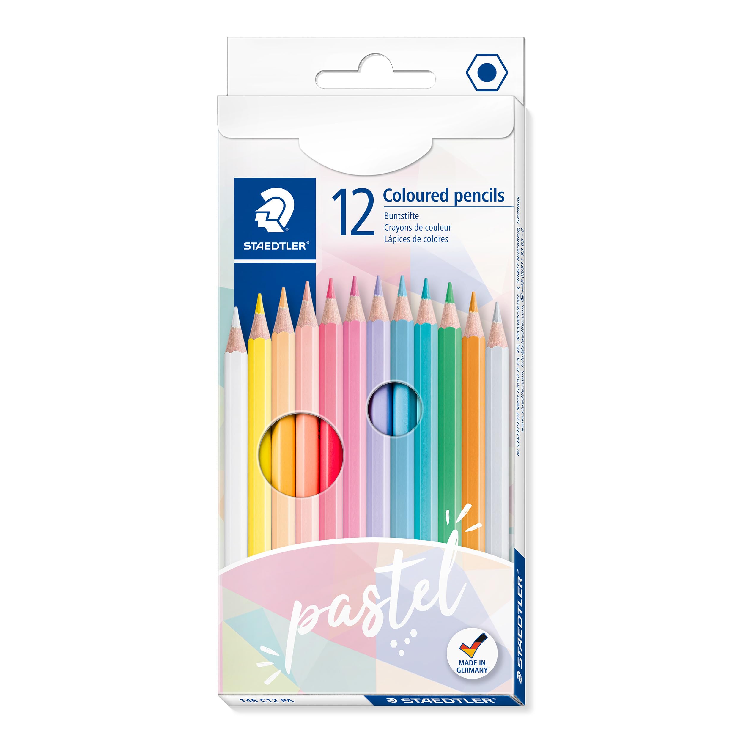 Staedtler Colouring Pencil 146 Classic Hexagonal Format, Soft Lead, Highly Pigmented Colours, 12 Pastel Colours in Cardboard Case, 146 C12 PA