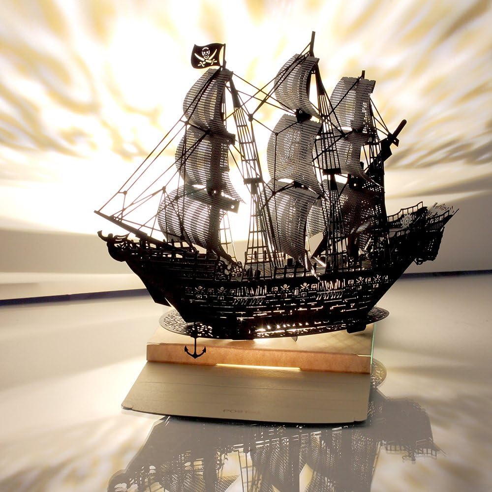 POSTALK 3D Pop Up Lighting Greeting Cards, Black Pirate Ship Creative Cards Paper Craft with USB Lighting Module for Birthday, Valentine's Day, Wedding Ornaments, Kids Intelligence Development