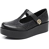 Women's Genuine Leather T-Strap Platform Mary Janes Retro Round Toe Comfortable Wedge Pumps with Adjustable Hook and Loop Classic Business Casual Dress Shoes