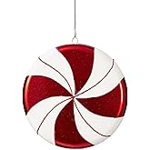 Vickerman 6" Red-White Swirl Flat Candy Christmas Ornament - Candy Decorations - Glitter Ornaments - Flat Ornament - Large Reliable and Durable Ornaments
