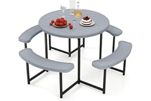 Giantex Picnic Table Bench Set for 4-8 Person, Round 37” Outdoor Dining Table w/Umbrella Hole, HDPE Tabletop, Metal Frame, Pa