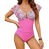 DaiLiWei Womens One Piece Swimsuits Tummy Control Bathing Suit V Neck Push Up Swim Suits Slimming Lace up Ruffle Swimwear