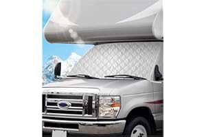 VANNCAMP RV Windshield Cover for Ford E450,E350,E250,Econoline,Club Wagon 1997-2025 Motorhome, Class C RV Front Window Sunshade for UV Protection & Privacy Shield, White with Mirror Cutouts