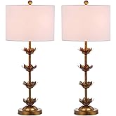 SAFAVIEH Lighting Collection – Set of 2 Lani Antique Gold Leaf 32-Inch Table Lamps, White Drum Shade, LED Bulbs Included, Bed