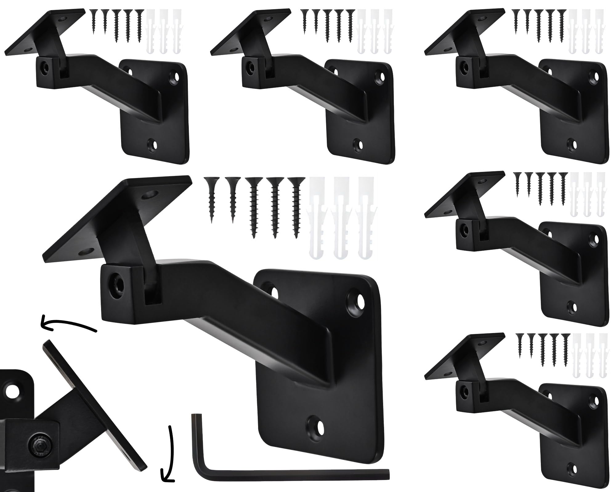 Photo 1 of 6 Pack Handrail Brackets for Indoor Stairs, Heavy Duty Hardware Support Stair Railing Bracket for Stairways, with Adjustable Square Stair Hand Rail Bracket for Staircase Outdoor, Stair Brackets Black