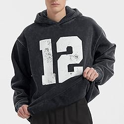 FAIABLE Black Hoodie Mens Acid Wash Oversized
