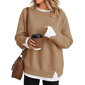 HswsEJ Crewneck Sweatshirts Women Oversized Pullover Long Sleeve Fall Tops | Crew Neck, Faux Layered, Hoodless Hoodies, Drop