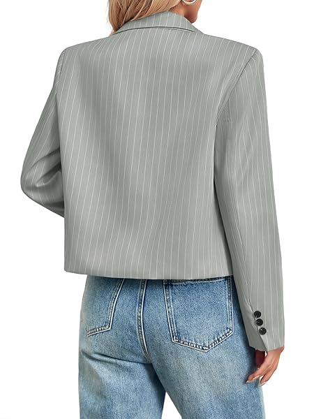 CICY BELL WOMENS CROPPED STRIPED BLAZER CASUAL LONG SLEEVE LAPEL BUTTON DOWN WORK BLAZER JACKETS GREY