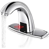 Automatic Touchless Bathroom Sink Faucet Commercial Sensor Motion Activated Hands Free Basin Auto Tap with Deck Cover Plate Battery Operated Temperature Valve Water Saving Modern Stylish(Chrome)