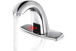 HHOOMMEE Automatic Touchless Bathroom Sink Faucet Commercial Sensor Motion Activated Hands Free Basin Auto Tap with Deck Cover Plate Battery Operated Temperature Valve Water Saving Modern Stylish（Chrome）