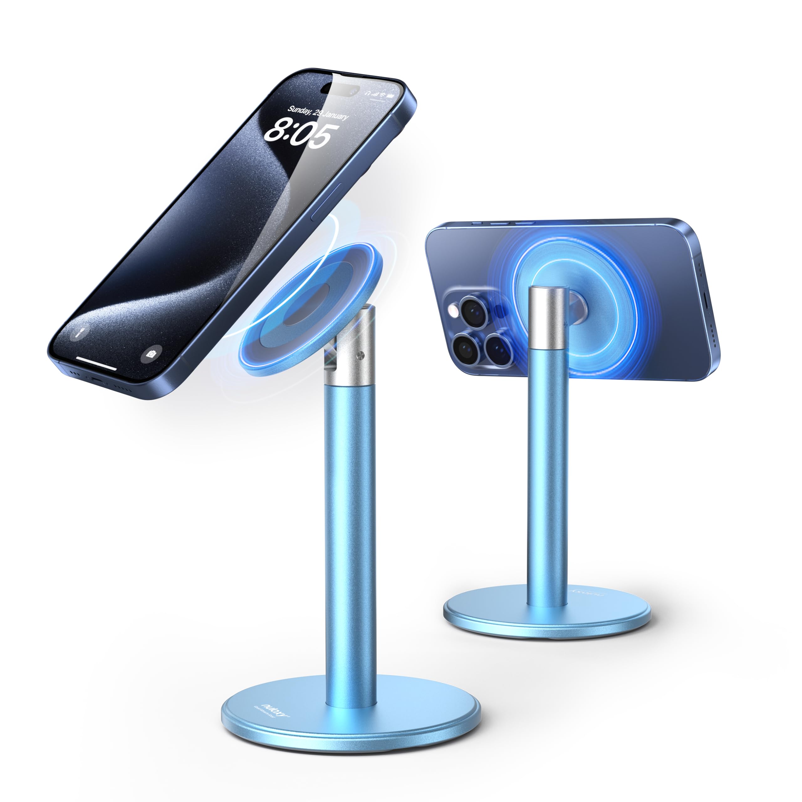 Nulaxy Magnetic Fully Aluminum Phone Stand, 360 Rotating Cell Phone Stand for Desk with Metal Ring, Adjustable Phone Holder Compatible with Phone 17 16 15 14 13 Pro and MagSafe Case, Blue