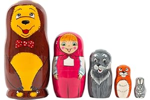 HITT Russian Nesting Dolls Wooden Nesting Toys Fairy Doll Masha and The Bear Matryoshka 5 Dolls Nesting Doll Animals
